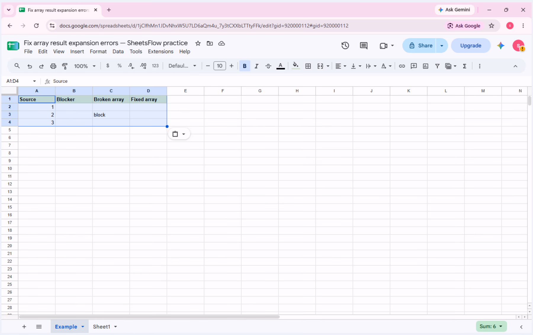 The practice workbook shows the clean sample before formulas are entered; C3 contains block and D2:D4 are empty.