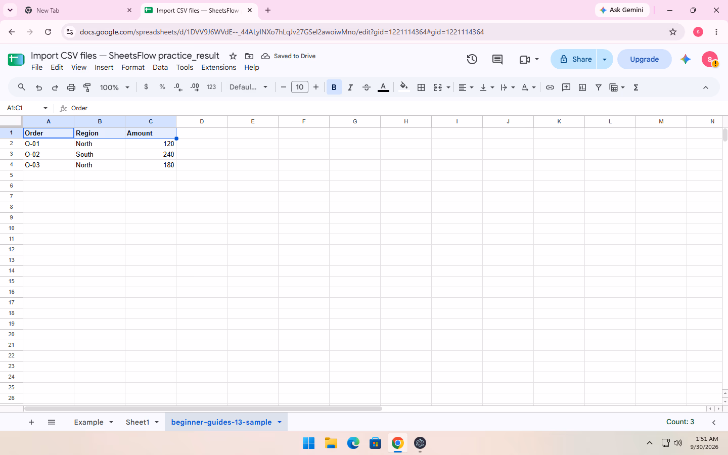Imported CSV result in a new sheet: Order, Region, Amount are in separate columns and Amount remains numeric.