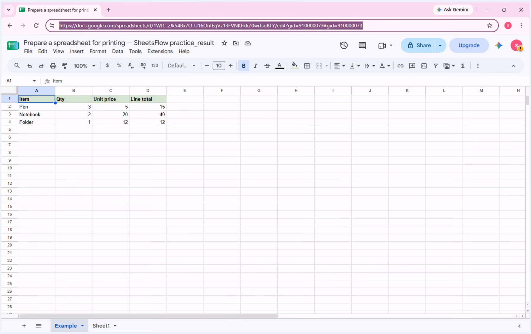 Clean _result workbook with the A1:D4 table before preparing it for printing.