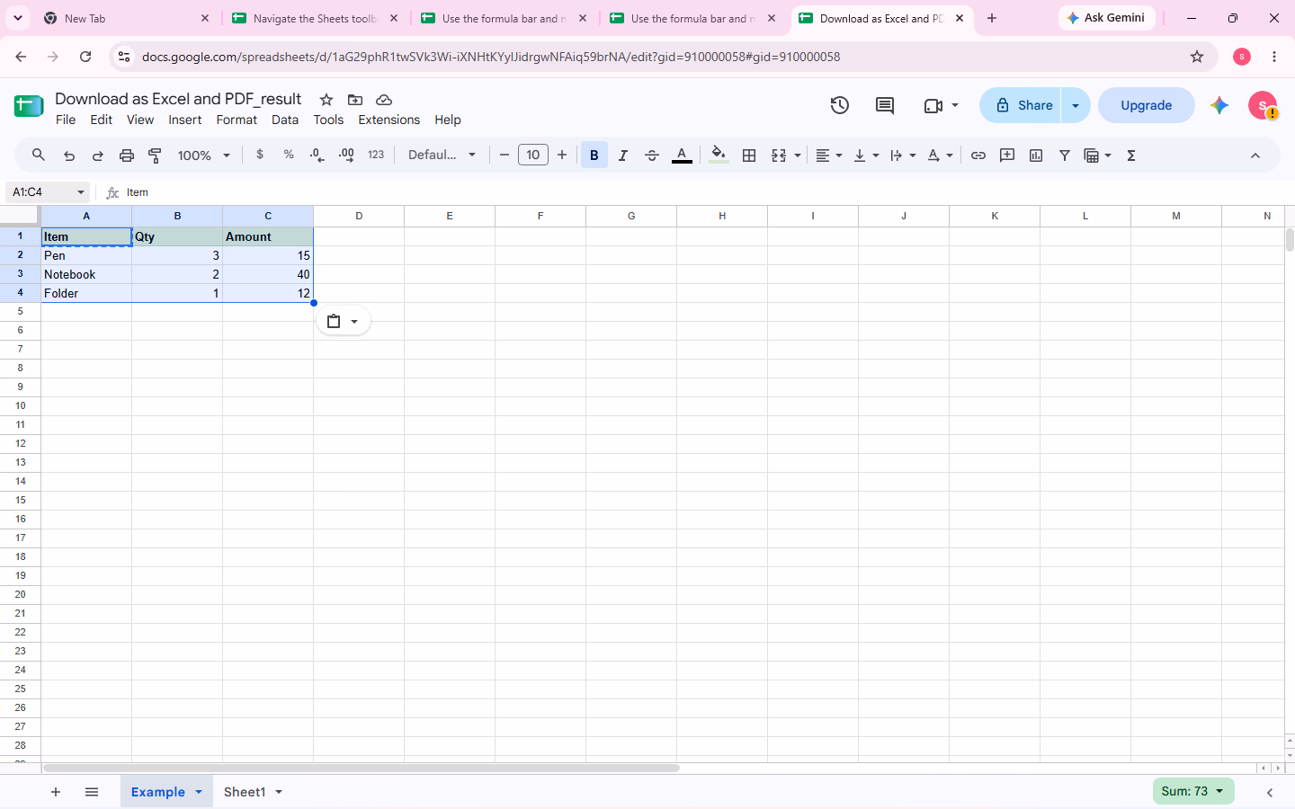 A1:C4 is selected after the download steps, showing the Item, Qty, Amount table unchanged.
