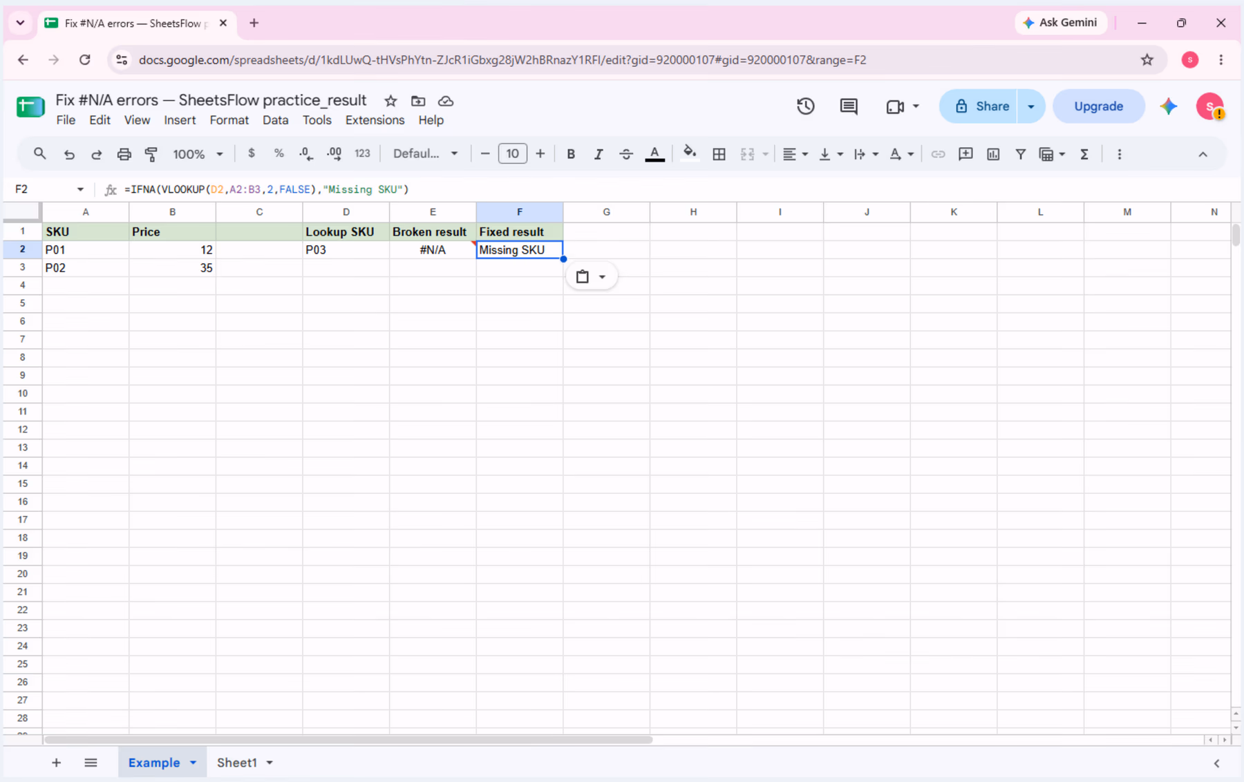 Cell F2 is selected with the IFNA-wrapped VLOOKUP formula in the formula bar and Missing SKU in the sheet.