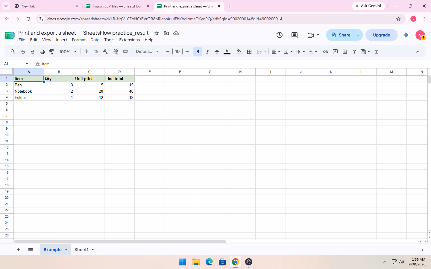 The _result workbook shows the complete Item, Qty, Unit price, Line total table and all three rows, with no stray values outside the table.
