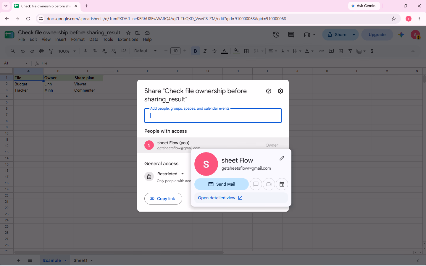 The Share dialog shows People with access for the current workbook.