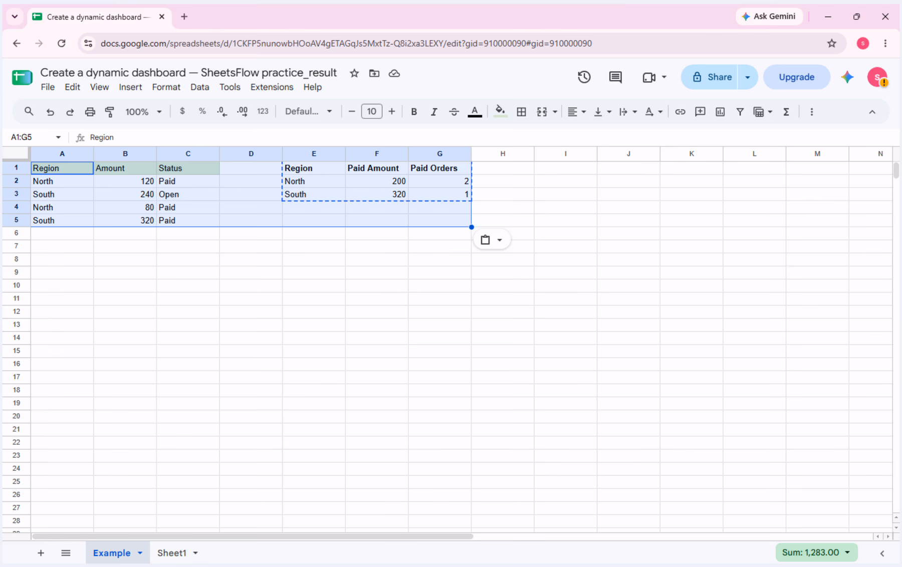 Final E1:G3 dashboard beside source data A1:C5, showing North 200/2 and South 320/1 after the sample is restored.