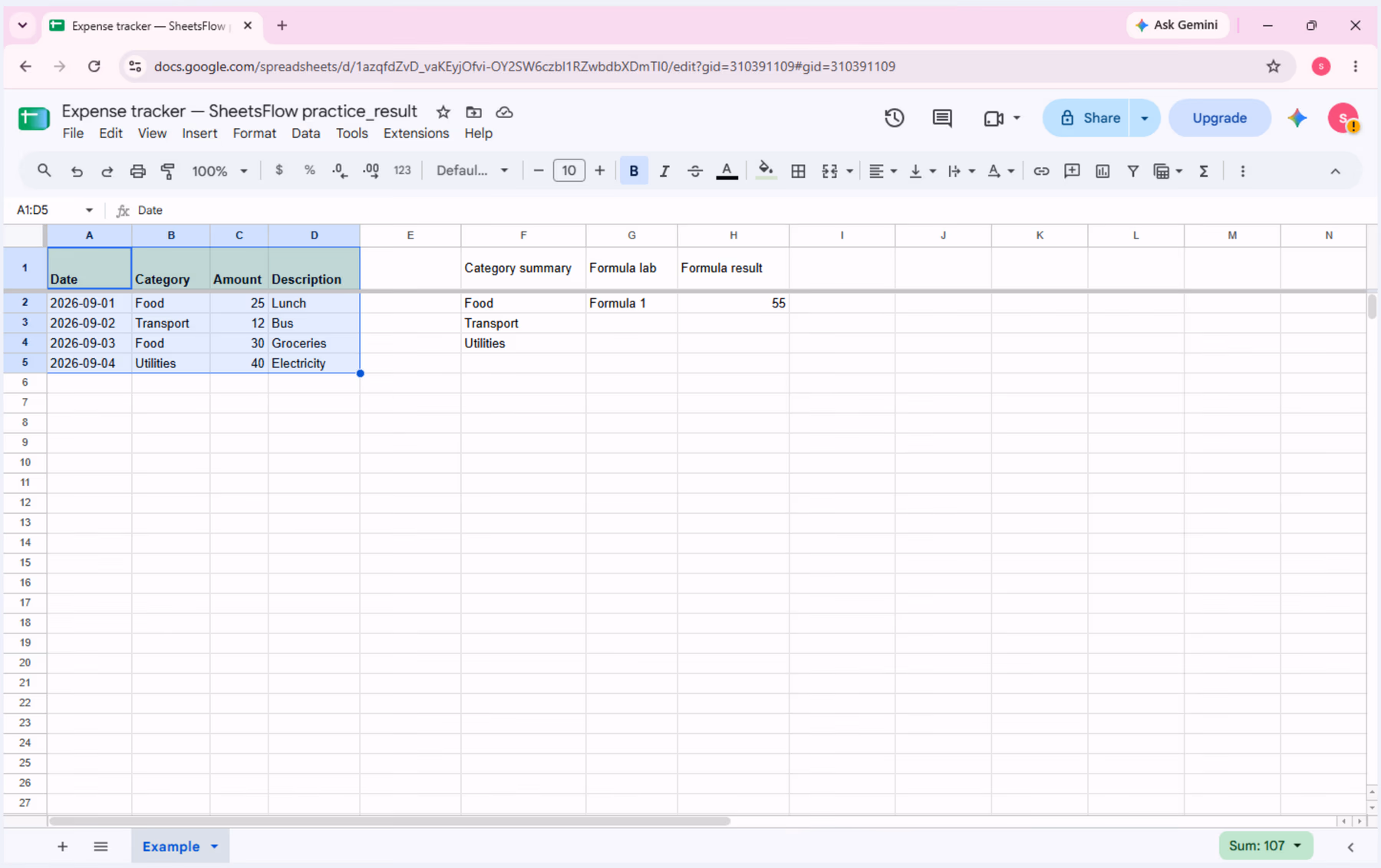 Complete expense dataset on the Example tab with A1:D5 selected.
