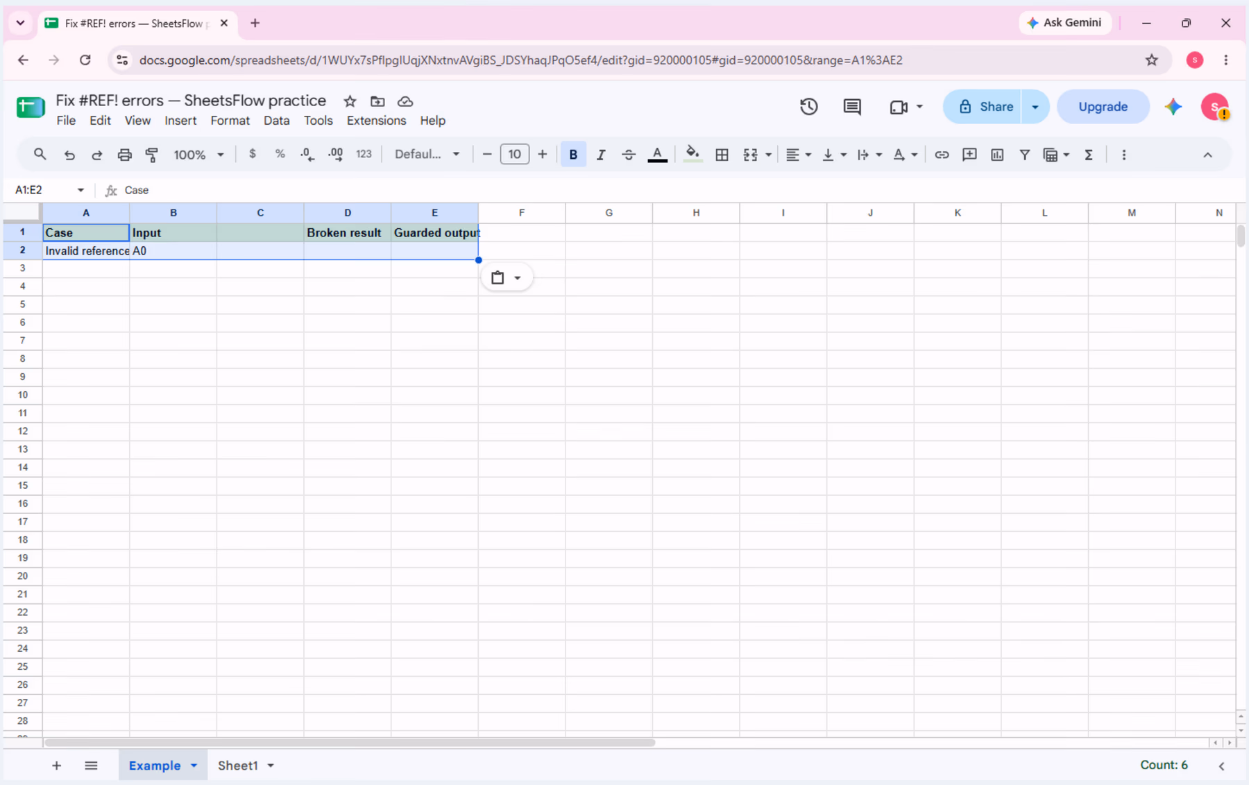 The Google Sheets source table before entering formulas, with Broken result and Guarded output still blank.
