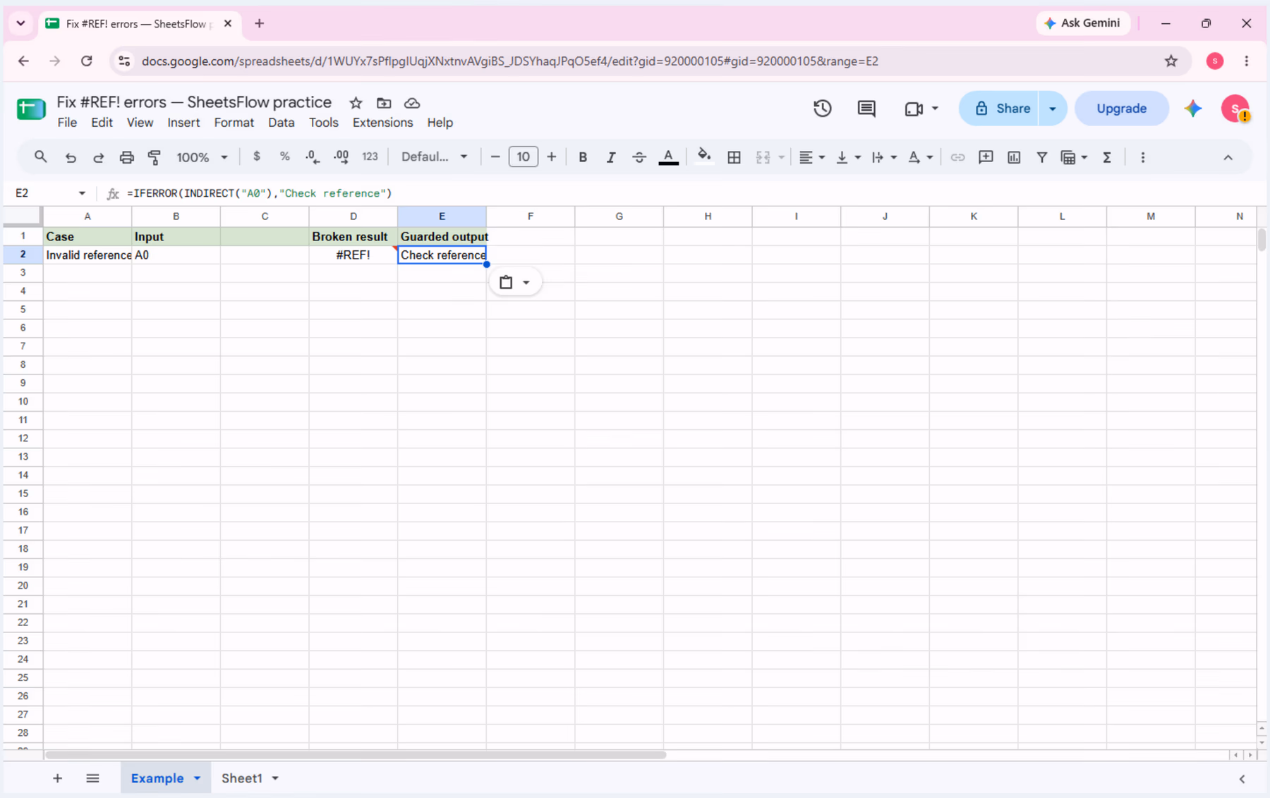 E2 selected with =IFERROR(INDIRECT("A0"),"Check reference") visible in the formula bar and Check reference displayed in the sheet.