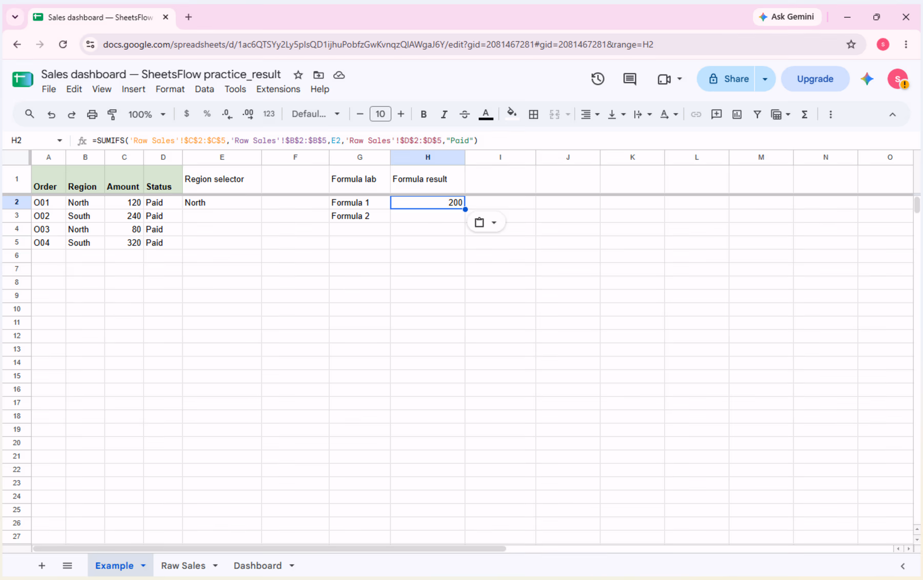 The Example tab with H2 selected; the formula bar shows the complete SUMIFS formula referencing Raw Sales and H2 returns 200.
