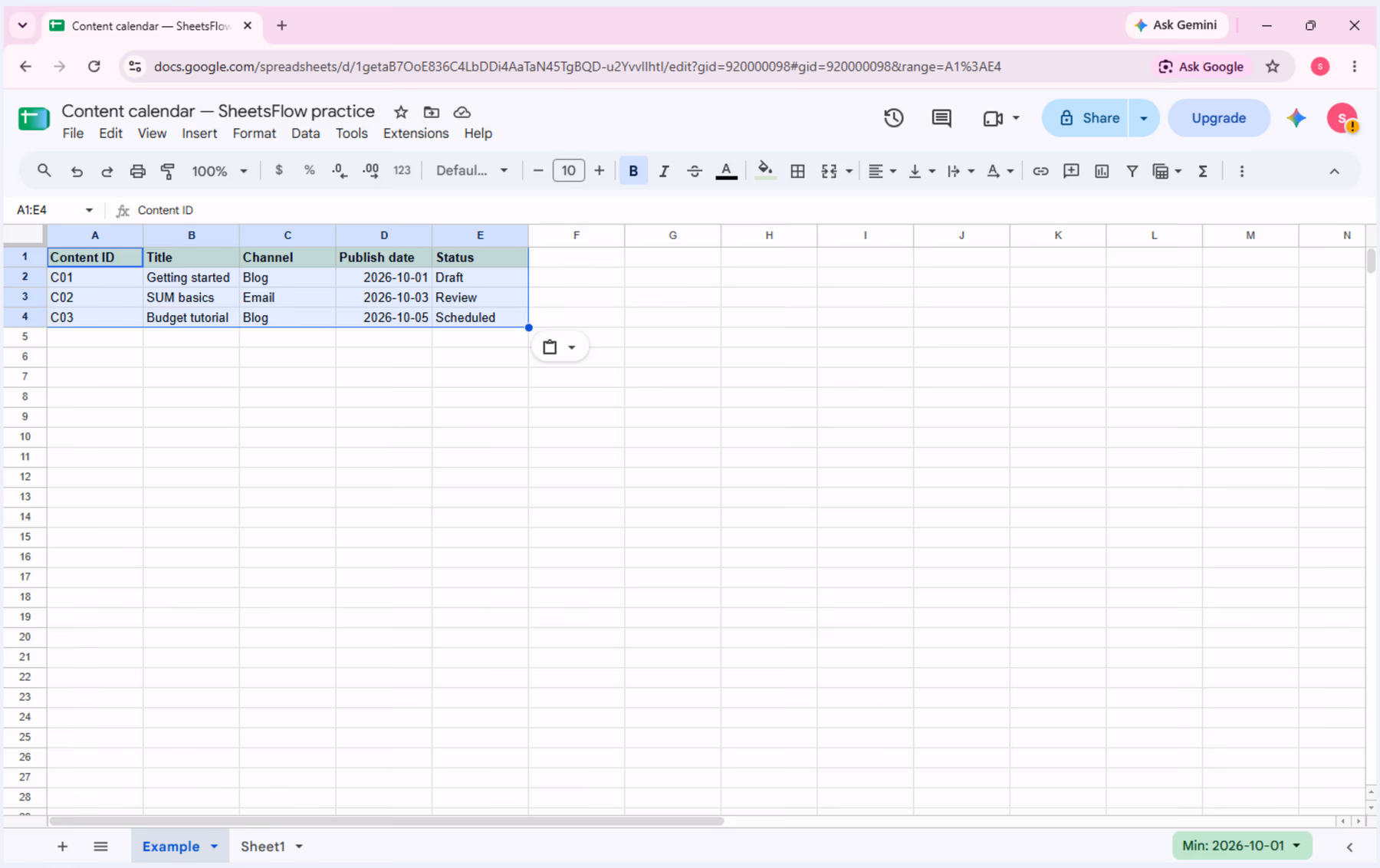 Verified source content-calendar table in Google Sheets with data in A1:E4.