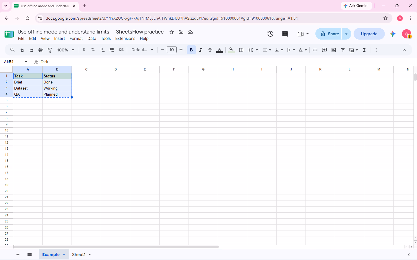Final checkpoint: A1:B4 remains selected and the Task and Status sample is unchanged after enabling offline access.