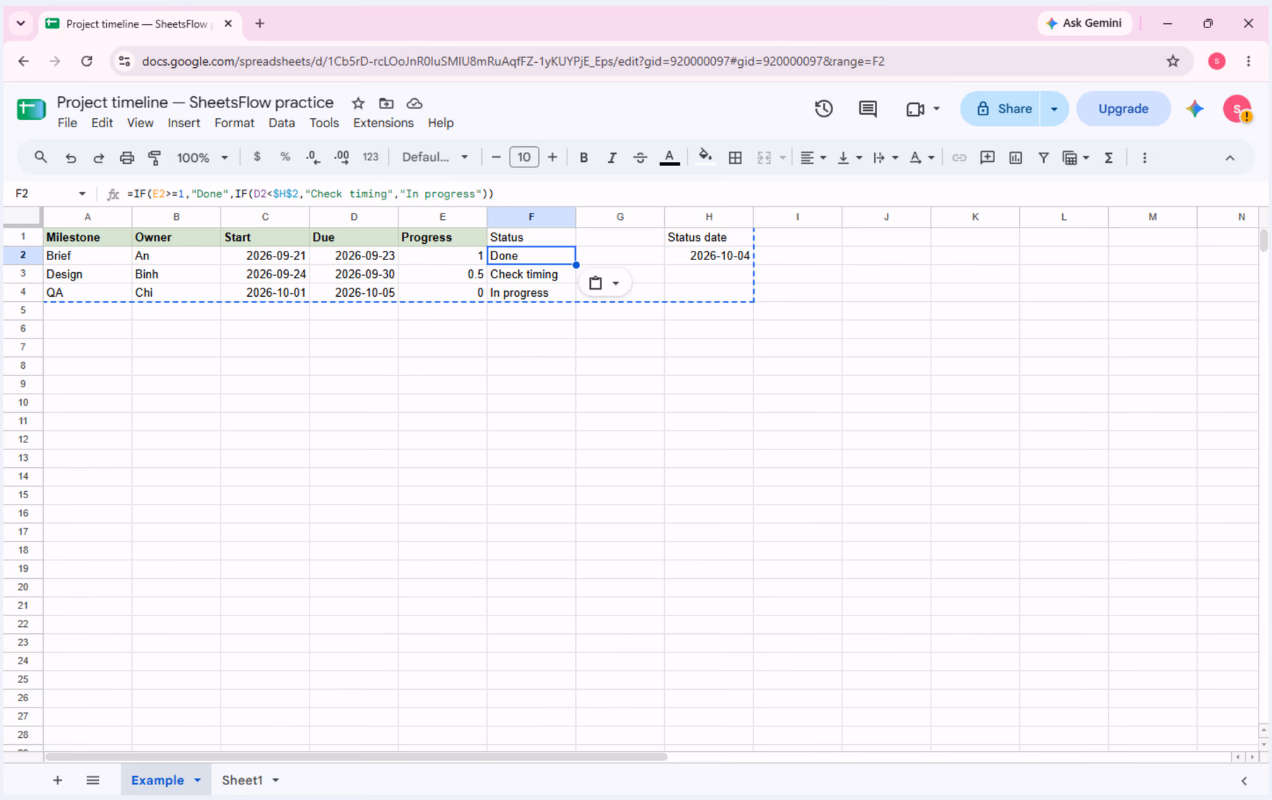 Cell F2 selected in Google Sheets, showing the status formula and the result Done.