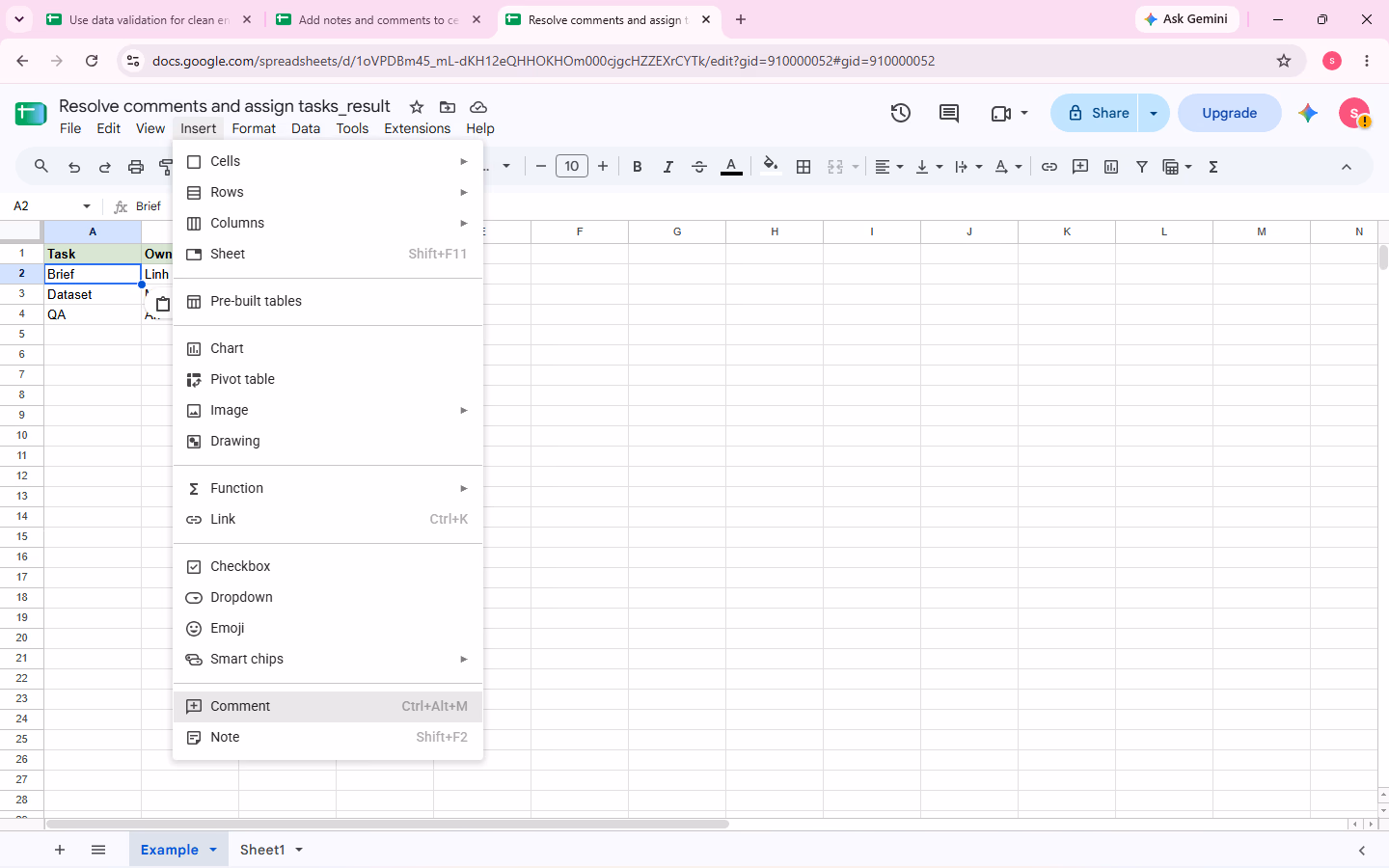 Verified assign/resolve comment evidence for step 1
