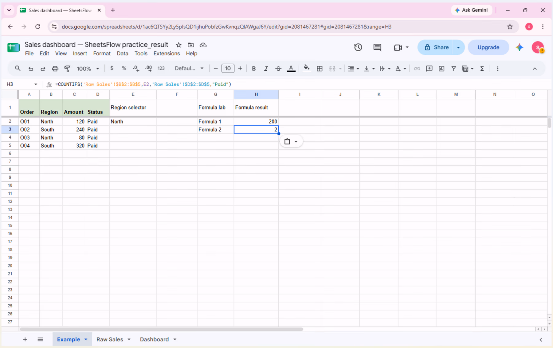 The Example tab with H3 selected; the formula bar shows the complete COUNTIFS formula referencing Raw Sales and H3 returns 2.