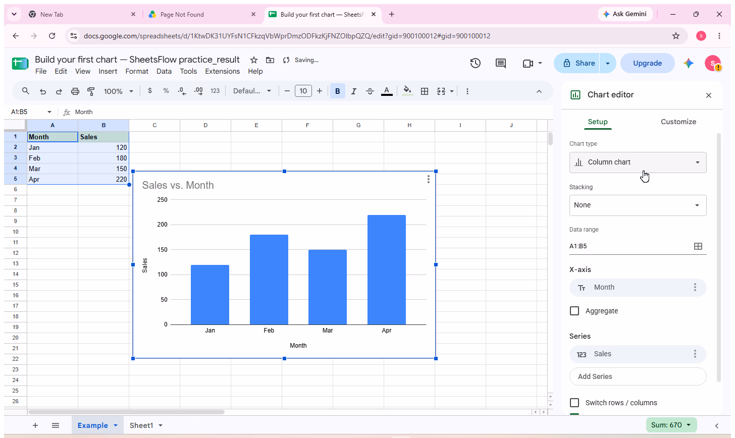 Chart editor shows a Column chart with data range A1:B5, Month on the X-axis and Sales as the series.