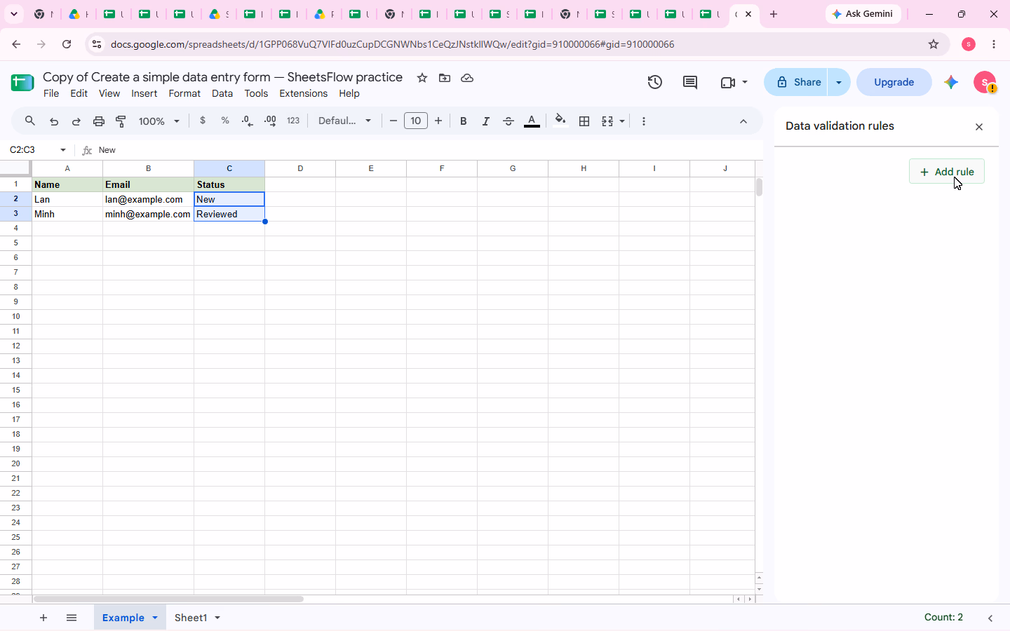 The Data validation rules sidebar is open with the pointer on Add rule and C2:C3 selected.