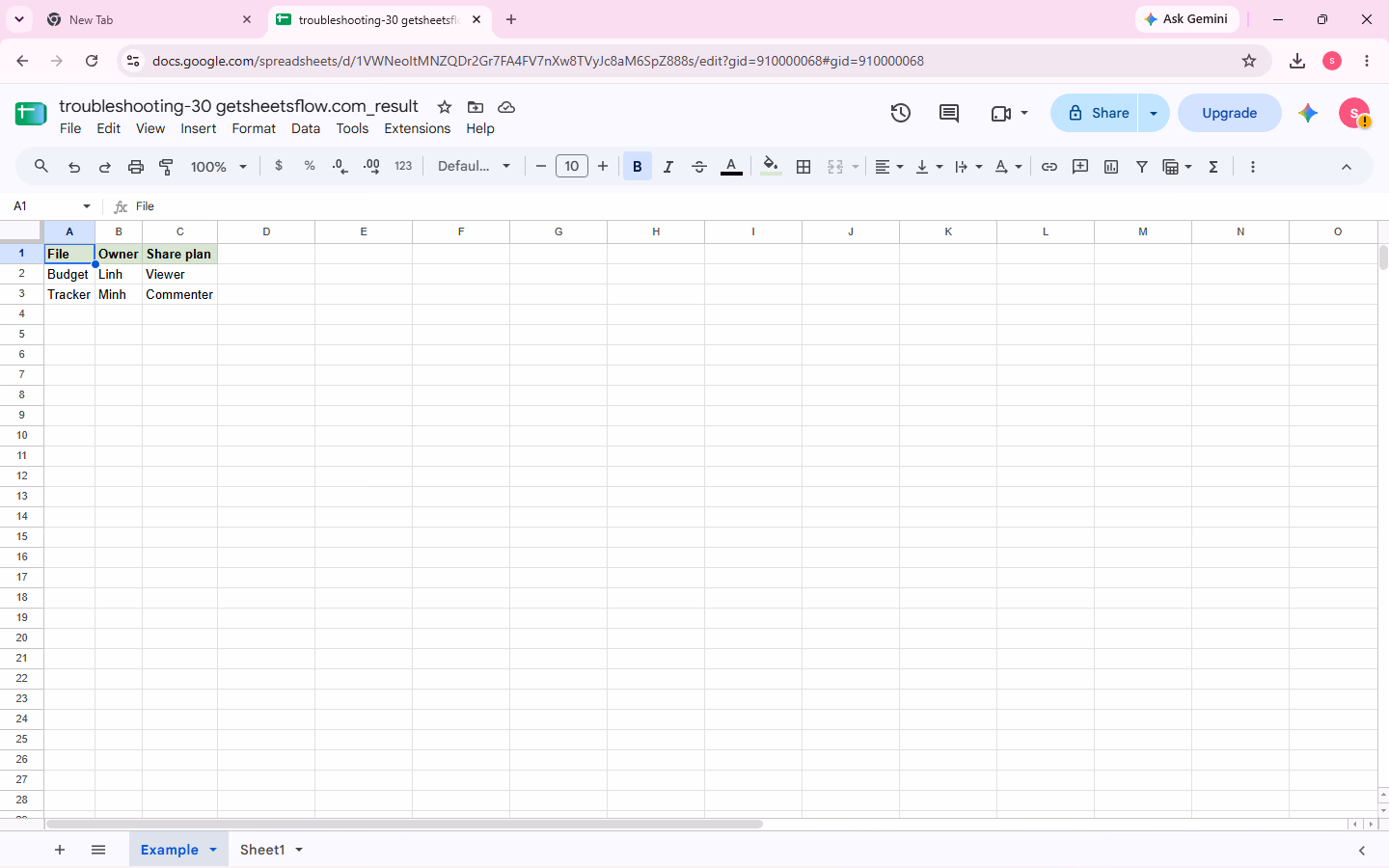 Complete Example!A1:C3 sharing plan: File, Owner, Share plan; Budget, Linh, Viewer; Tracker, Minh, Commenter.