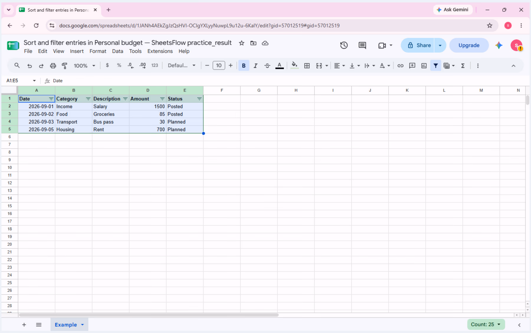 Filter controls are visible in every header after creating the filter.