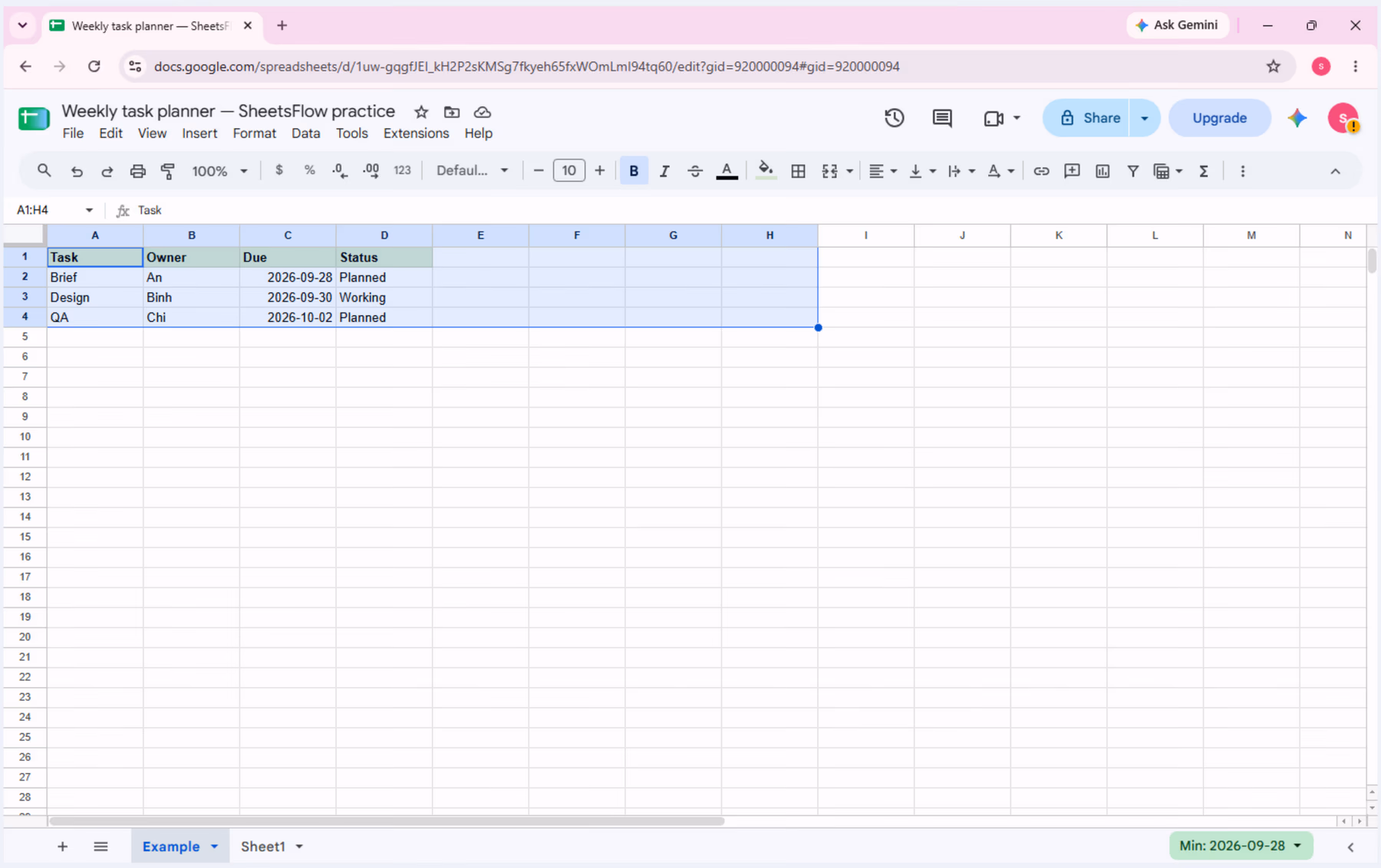 The Task, Owner, Due, and Status source table in the Google Sheets workbook before entering the formula.