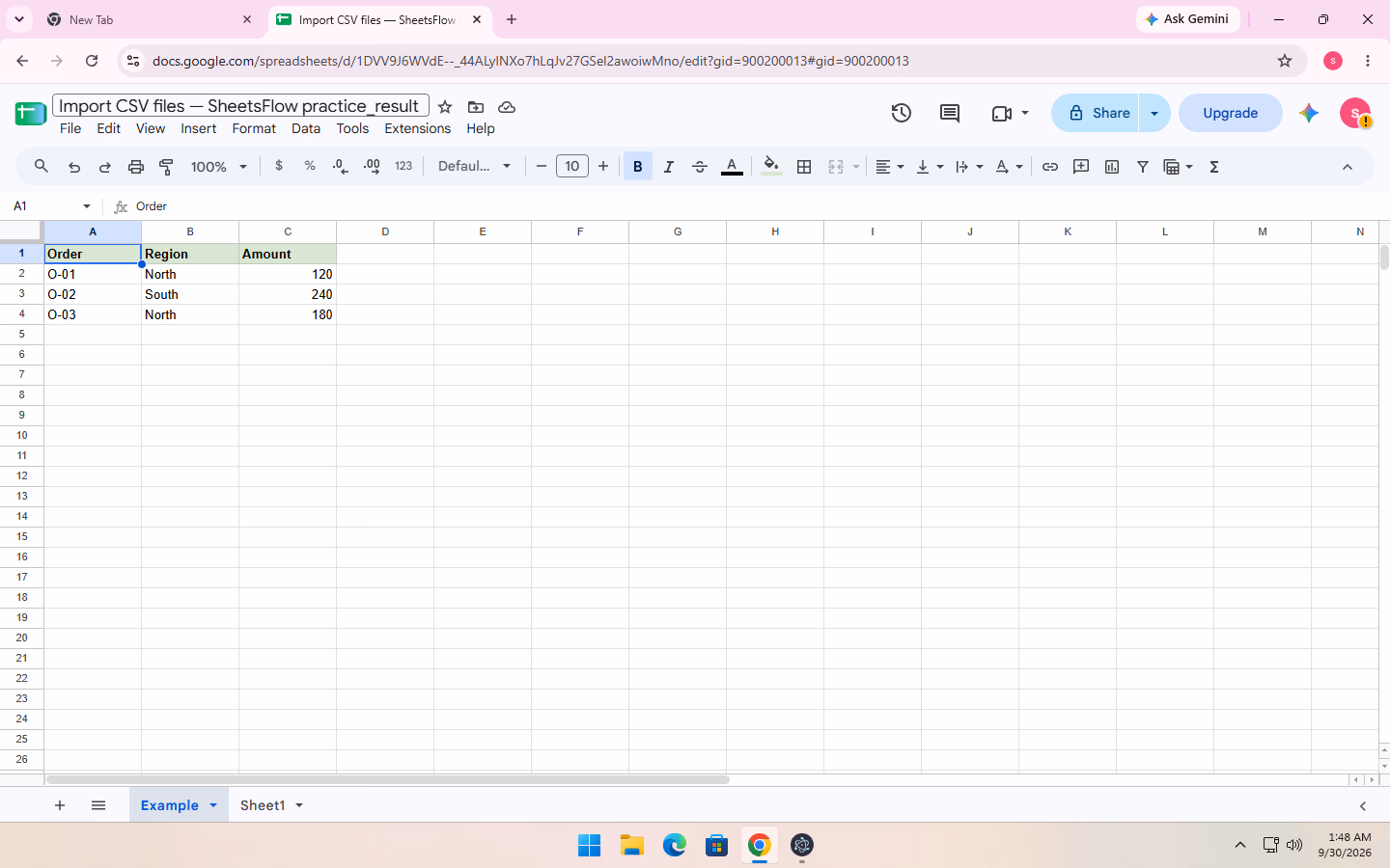 The _result workbook shows the complete Order, Region, Amount source table and all three sample rows.