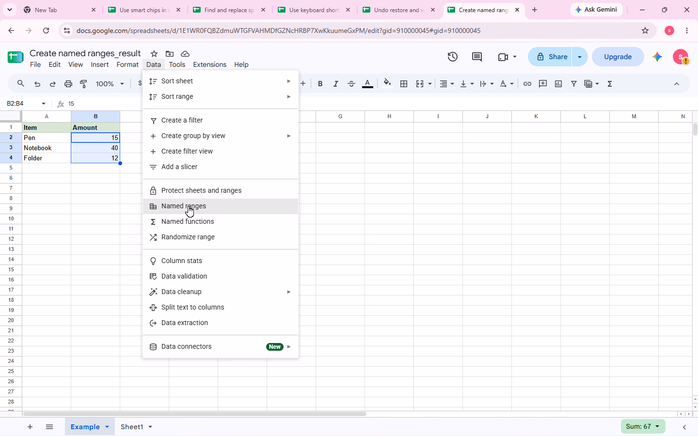Mouse pointer positioned on the Named ranges command in the Data menu.