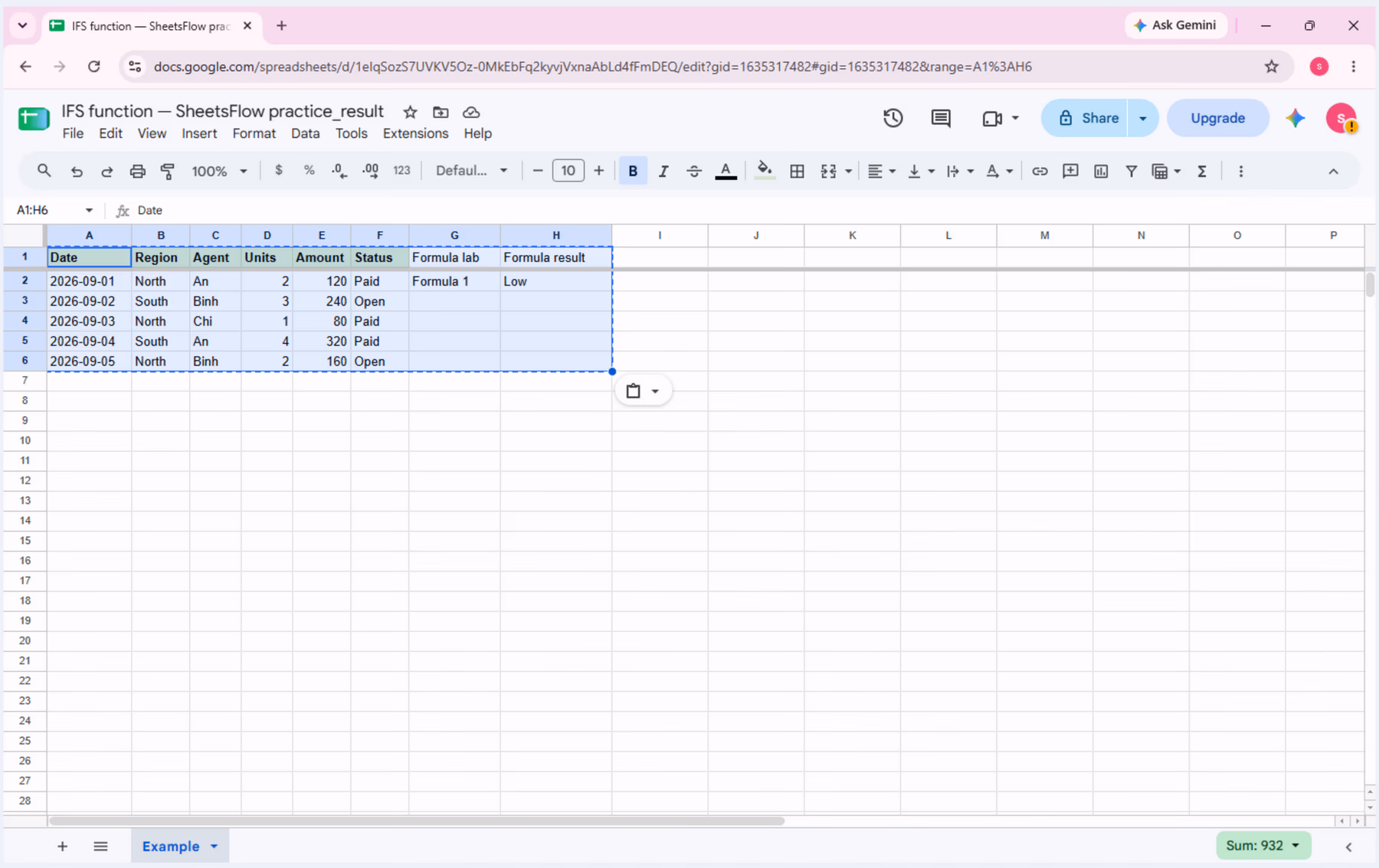 Current-audit Google Sheets table showing the complete sample dataset in the IFS result workbook.