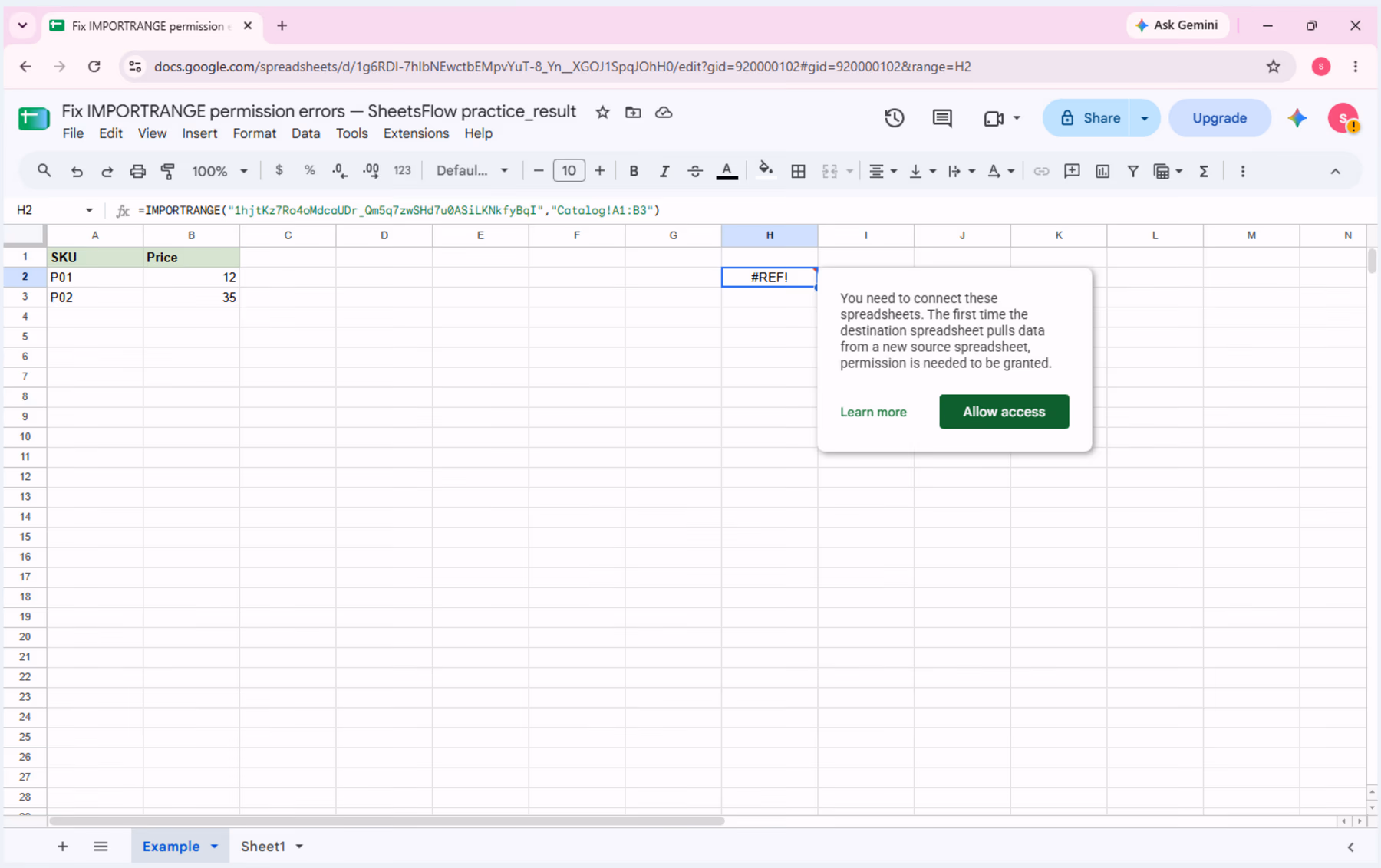 Google Sheets showing the first-time IMPORTRANGE #REF! connection prompt with the Allow access control.