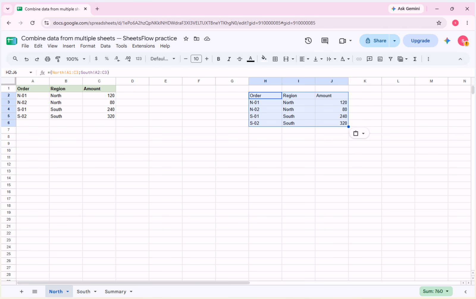 The Summary tab in Google Sheets shows result range H2:J6 after the formula combines data from North and South.