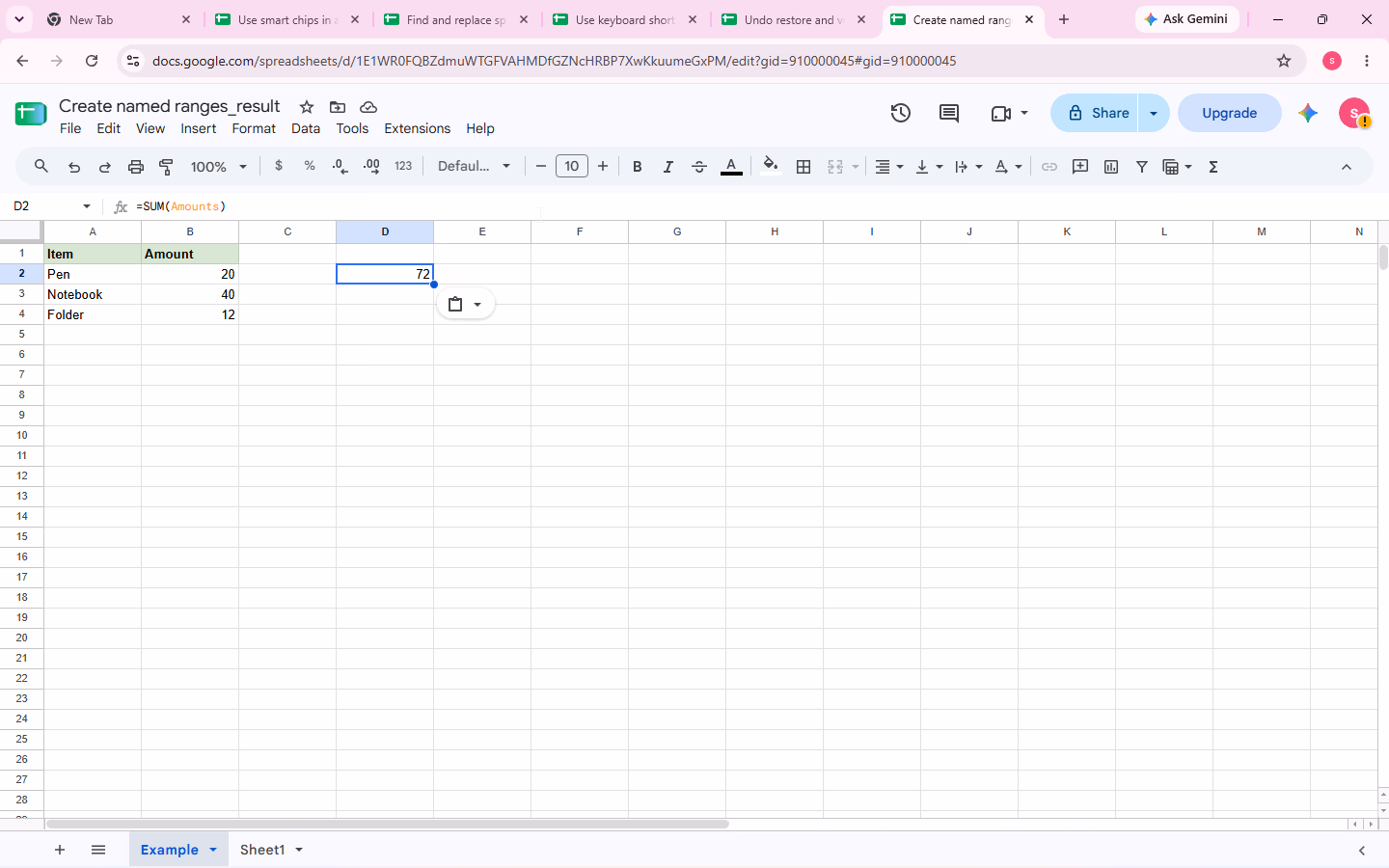 After B2 changes to 20, D2 shows 72 from =SUM(Amounts).