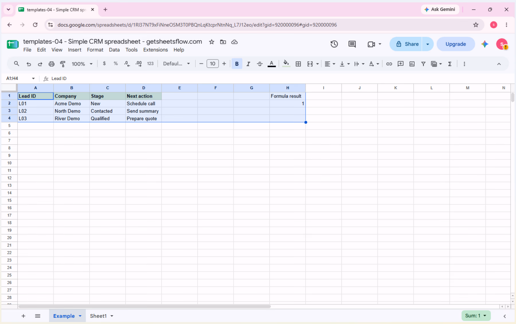 The templates-04 source workbook in Google Sheets, with the Example tab showing all three sample leads and the Formula result area.