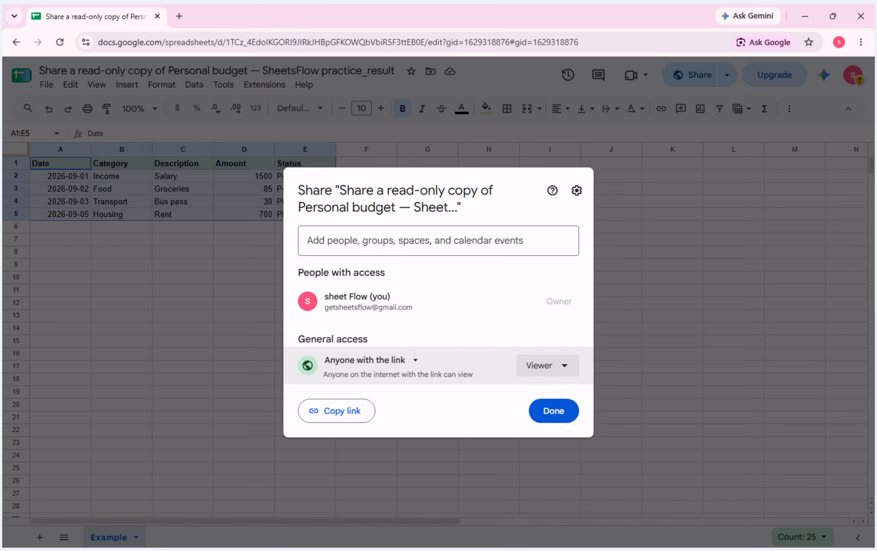 In Share, General access is Anyone with the link and the Viewer role is selected.