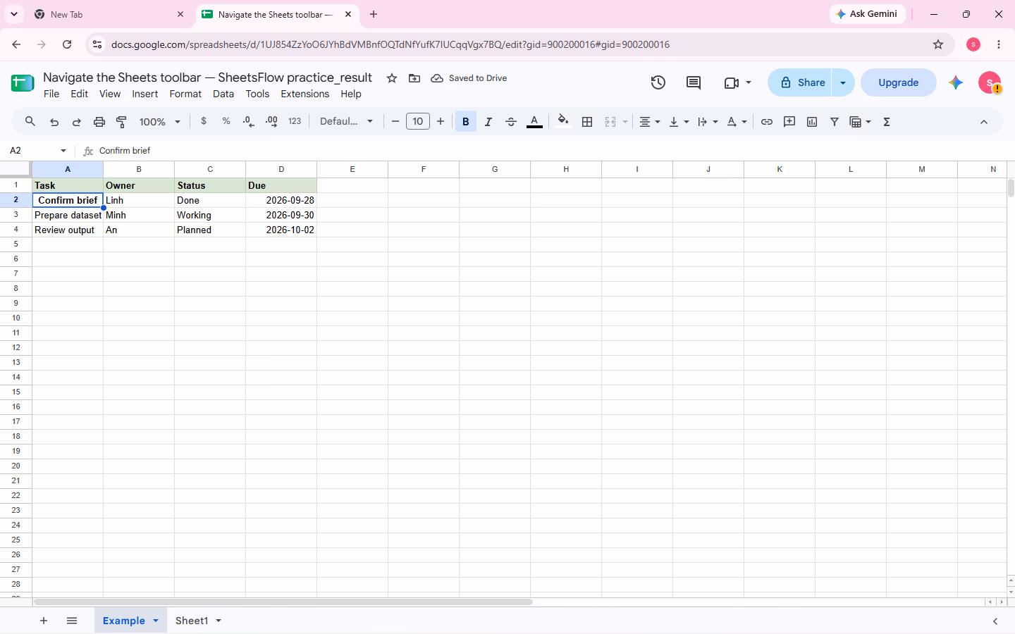 Temporary result: “Confirm brief” in A2 is bold and centered before undoing the formatting to restore the sample.