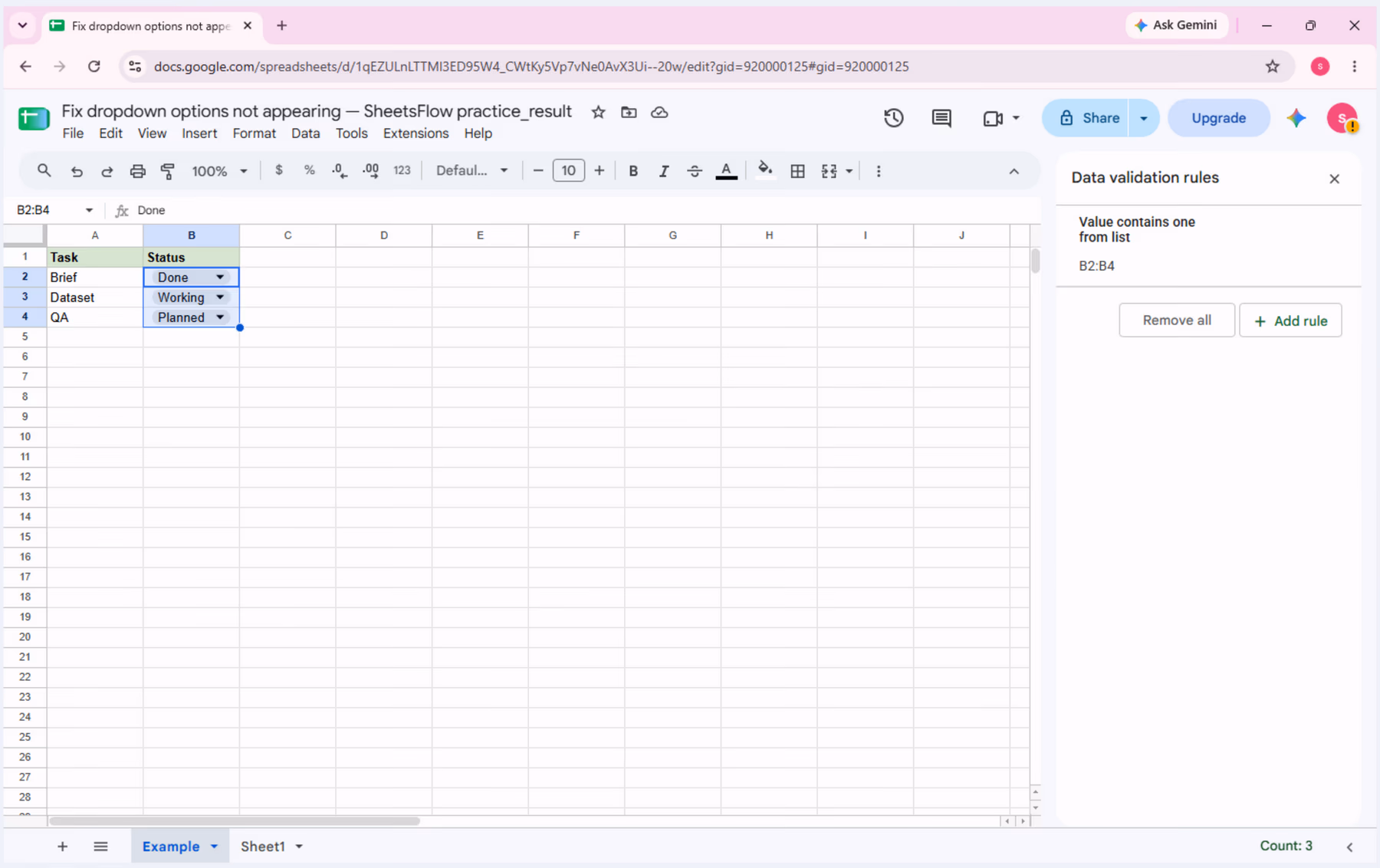 The Data validation rules view is open for the selected Status range.
