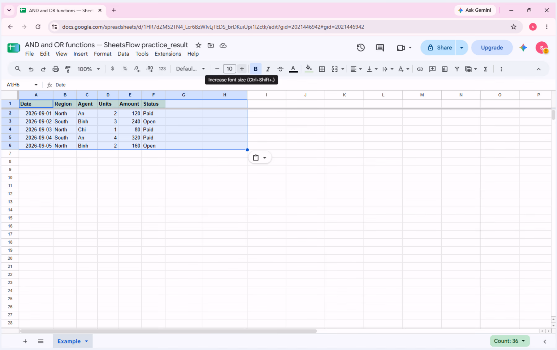Complete sample table in Google Sheets before entering the AND and OR formulas.