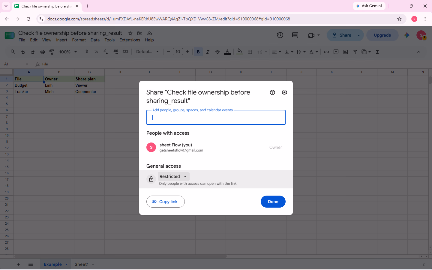 The Share dialog shows General access set to Restricted.