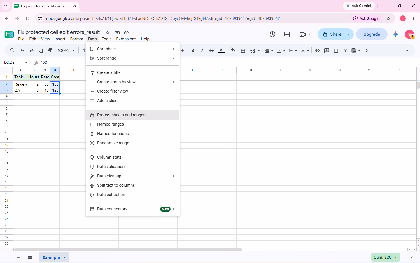 Google Sheets Data menu with Protect sheets and ranges visible for the D2:D3 Cost range.