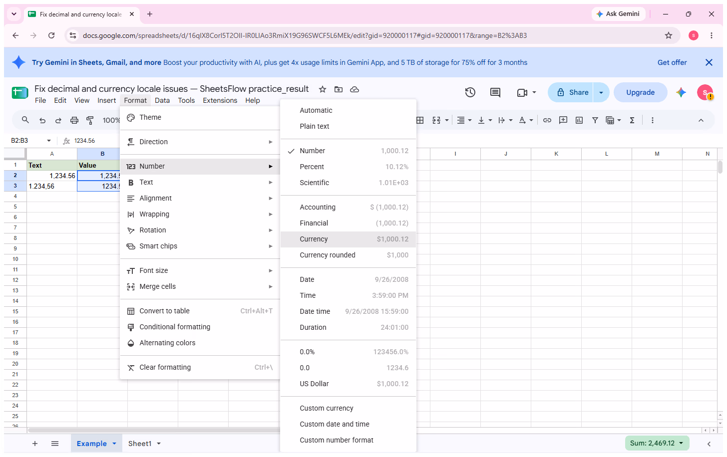 Google Sheets Format > Number submenu with Currency targeted while B2:B3 is selected.