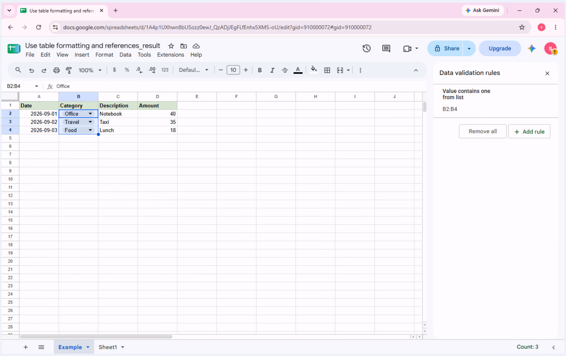 Final state restored to the three sample records with the Category dropdown still applied to B2:B4.