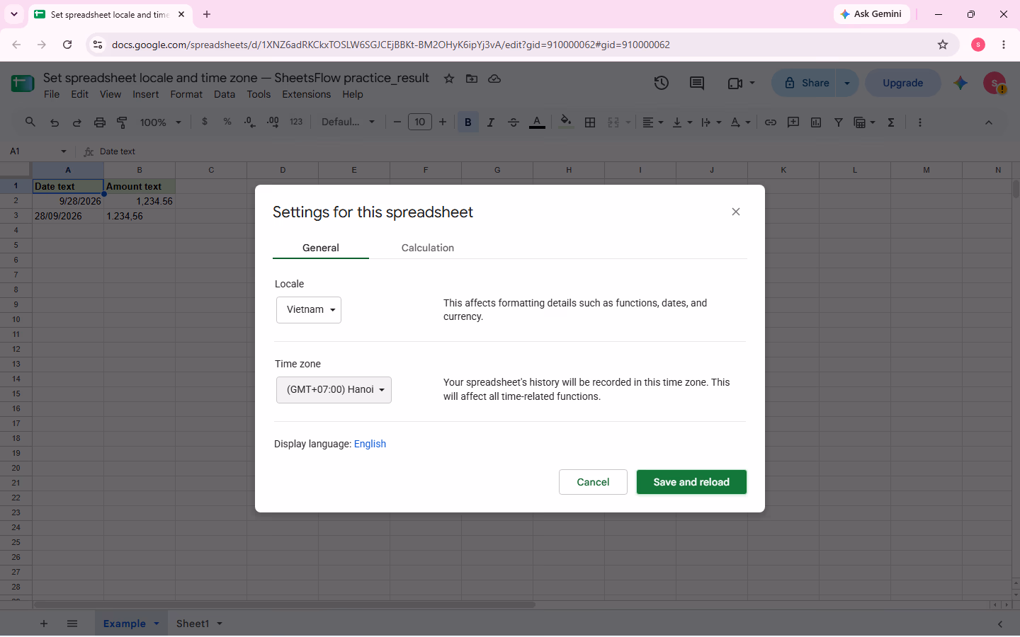 The Settings for this spreadsheet dialog shows Locale set to Vietnam and Time zone set to (GMT+07:00) Hanoi, with the pointer on Save and reload.