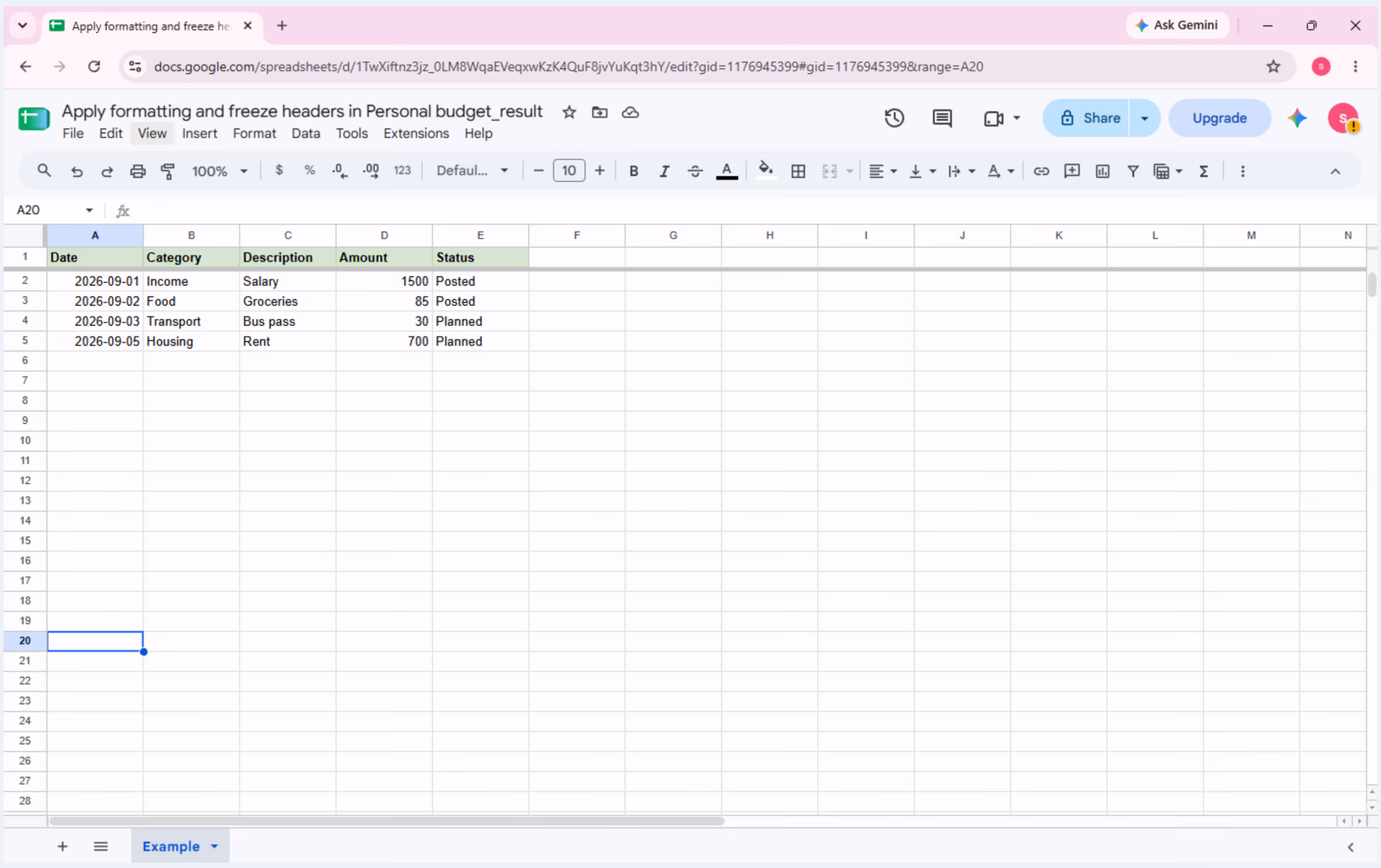 Google Sheets Personal budget after scrolling, with the frozen header row still visible above the data.