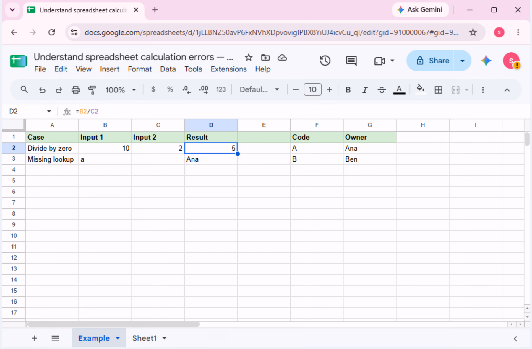 Corrected test state in Google Sheets: C2 set to 2 recalculates D2 to 5, and B3 set to A makes D3 return Ana.
