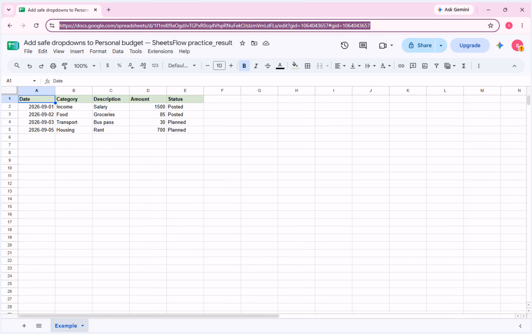 The current-audit _result workbook shows the complete A1:E5 personal-budget table before validation is created.
