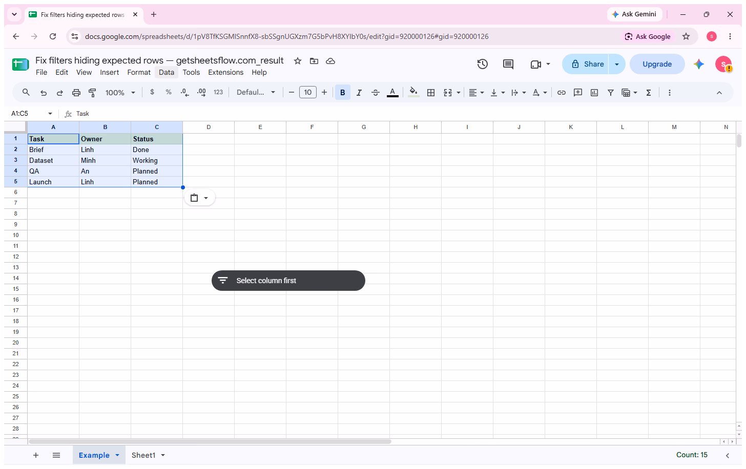 Google Sheets result workbook with the complete A1:C5 Task, Owner, Status table selected before creating a filter.