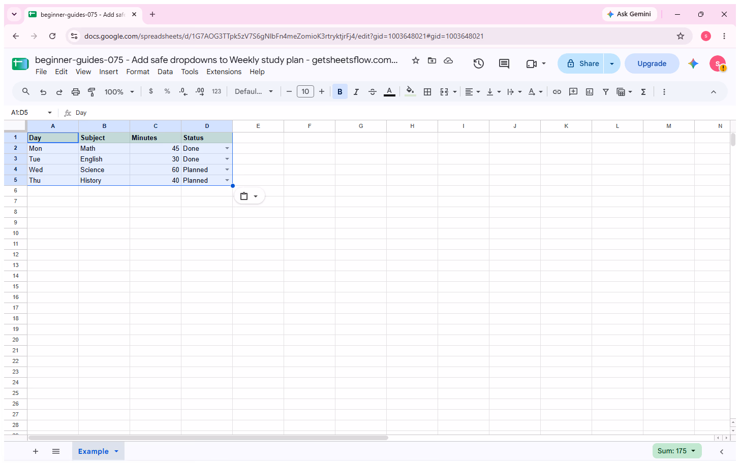Google Sheets weekly study plan showing the complete A1:D5 table before adding the Status dropdown.