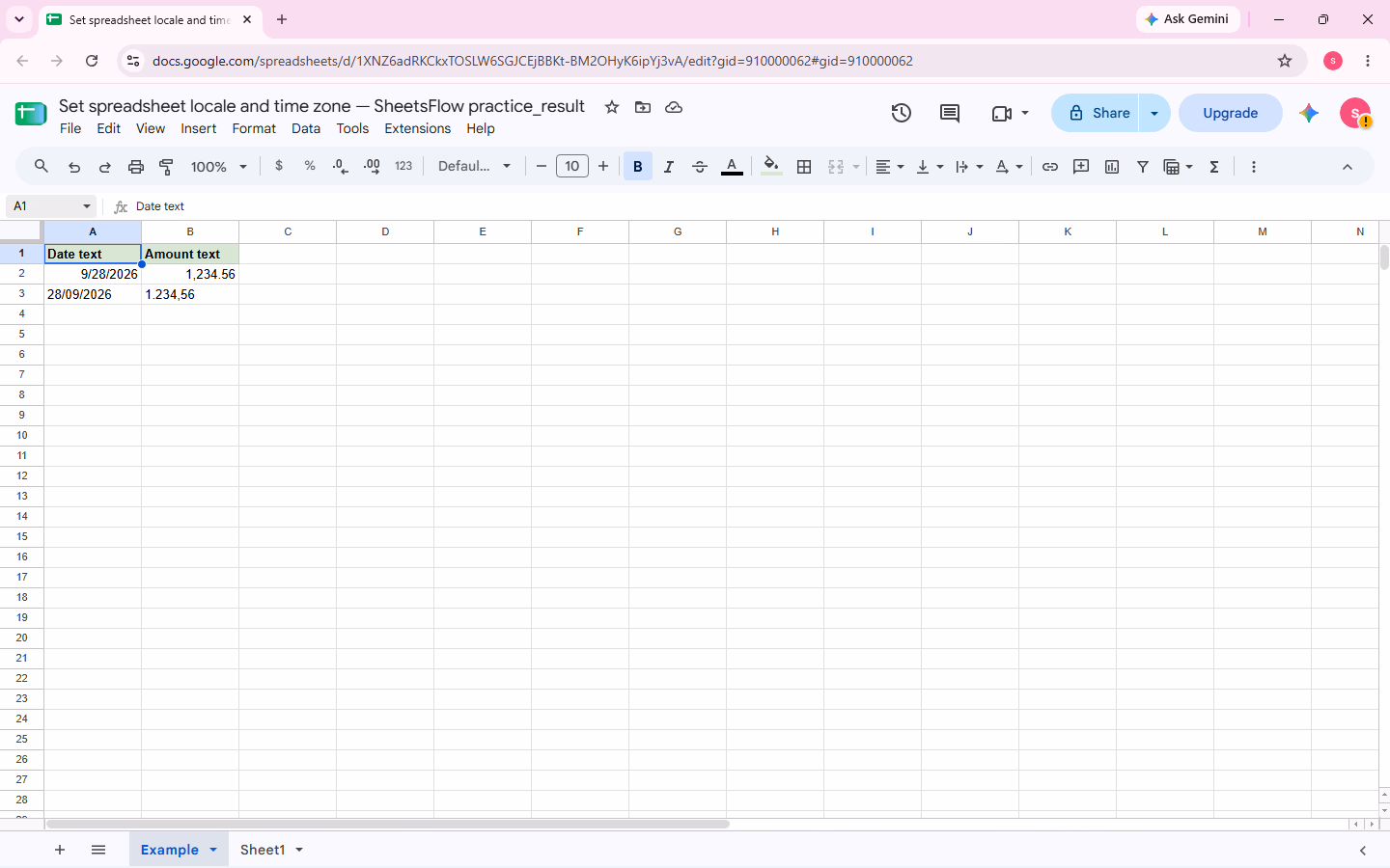 The practice sheet shows the complete Date text and Amount text sample range A1:B3.