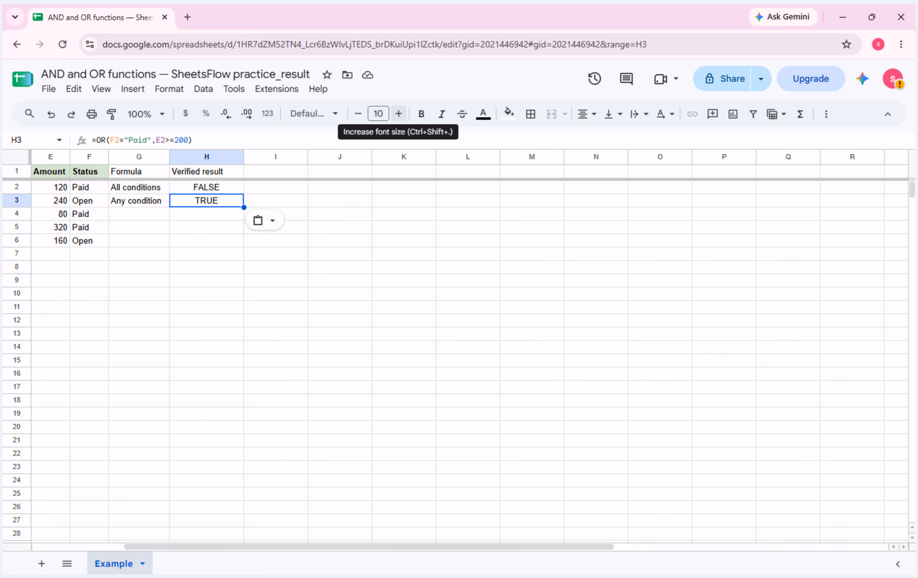 Cell H3 selected with the OR formula visible and TRUE returned for Status = Paid, Amount = 120.