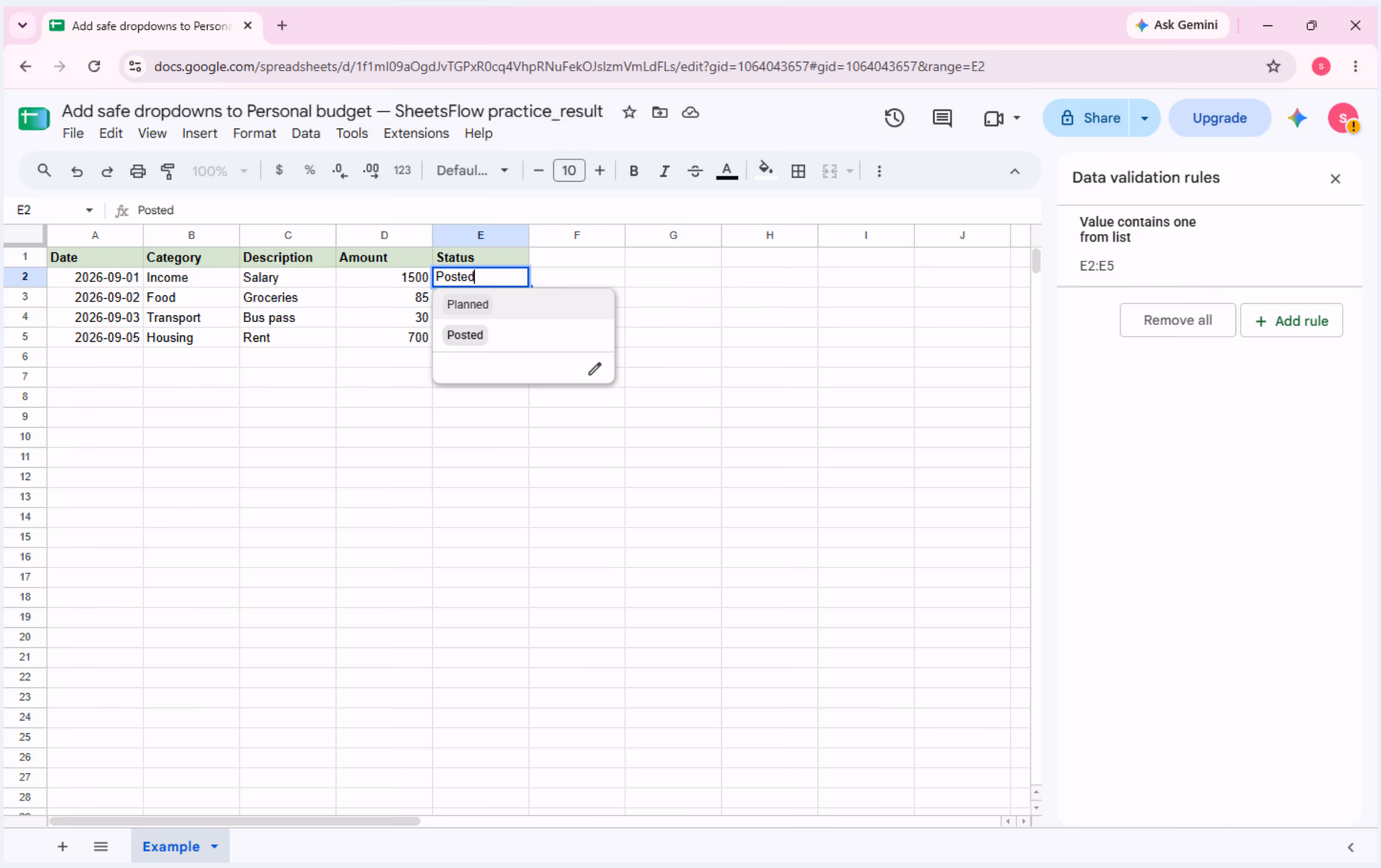 The E2 dropdown is open and shows exactly Planned and Posted.