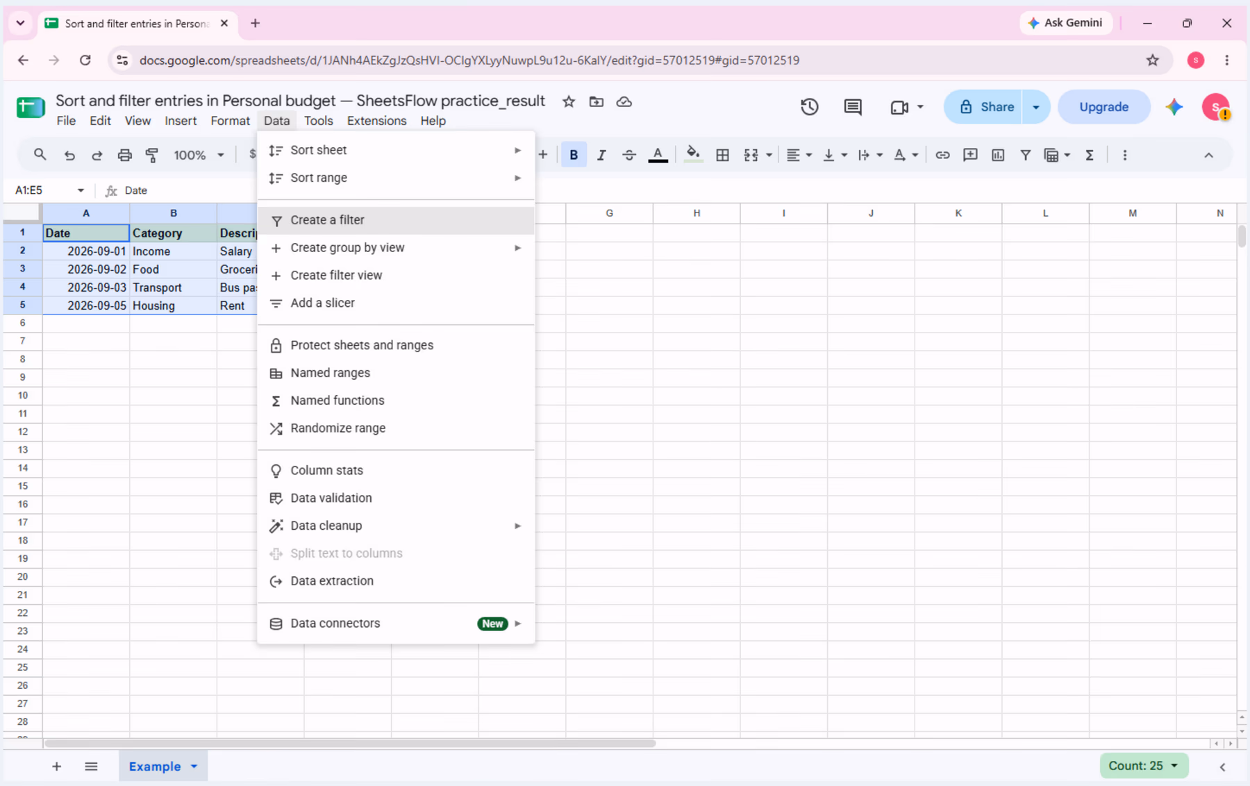 The Data menu is open with Create a filter visible for the selected A1:E5 range.