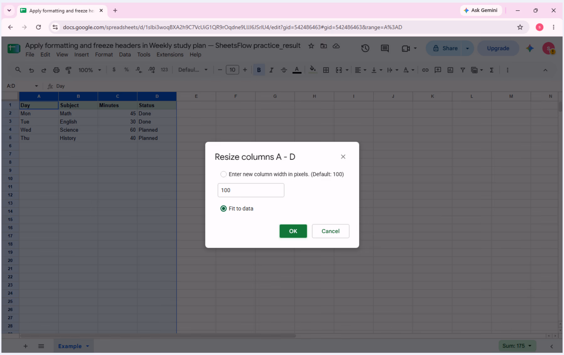 Resize columns A - D dialog with Fit to data selected and OK ready to confirm.