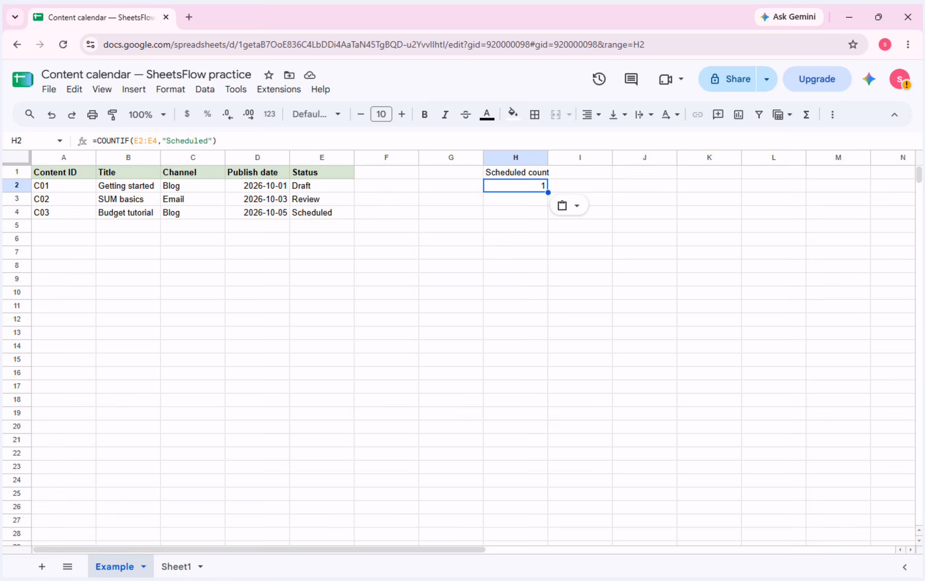 Cell H2 selected in Google Sheets, showing the COUNTIF formula and result 1.