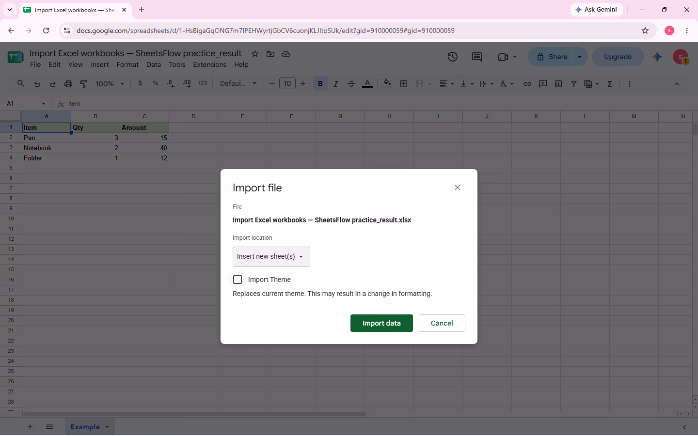 The Import file options show Insert new sheet(s) selected and the Import data button ready.